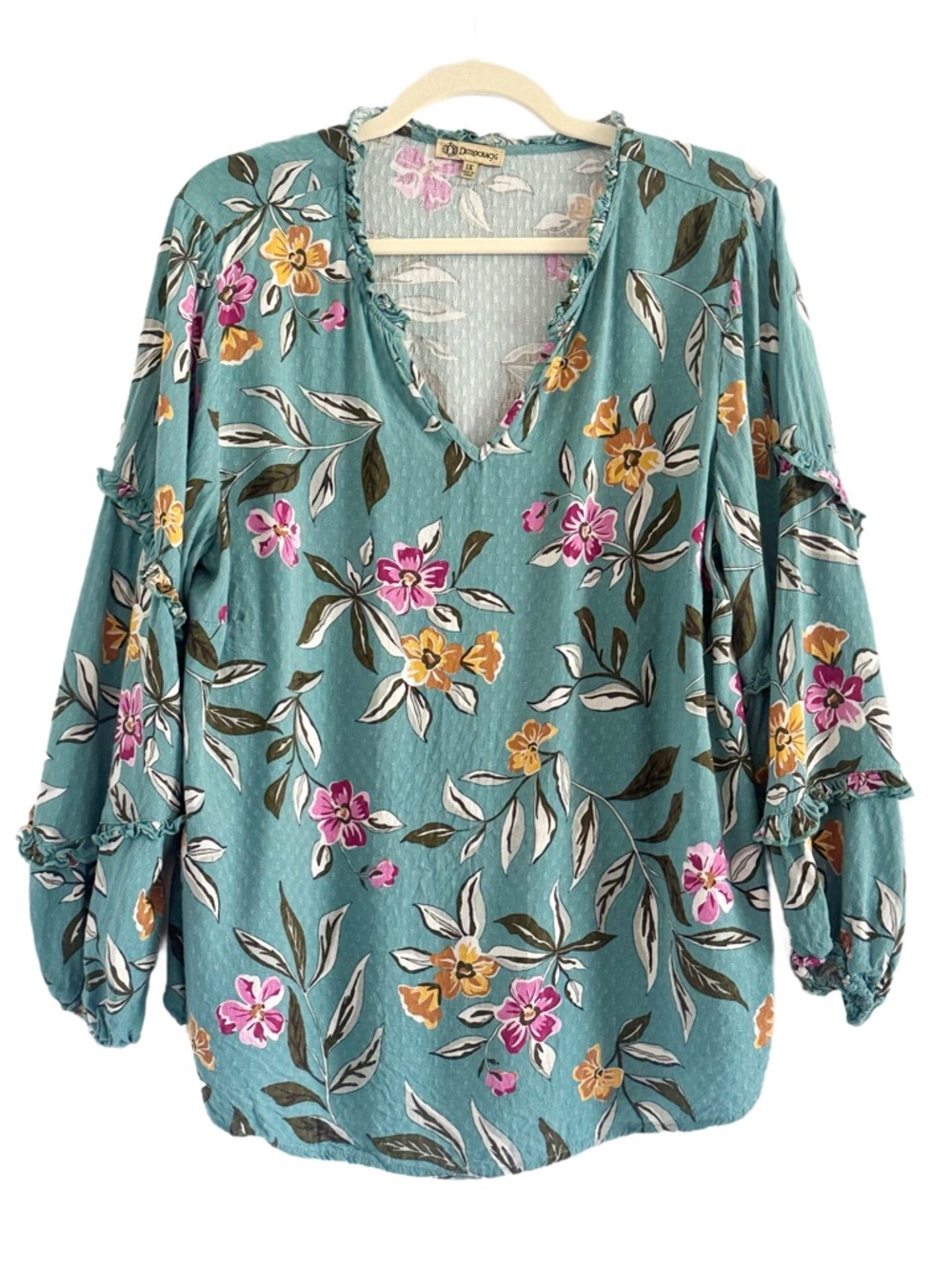 Democracy Teal Floral V-Neck Blouse with Ruffle Sleeves 1X